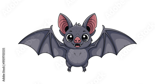 Cute grey bat character flying with its large wings spread wide showing pink ears and a friendly smiling face expression.