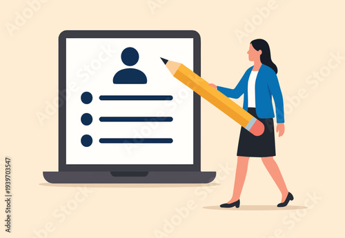 Register new user account, registration form or submission, sign up information online, apply new job or membership, self service concept, businesswoman with pencil complete online registration form.