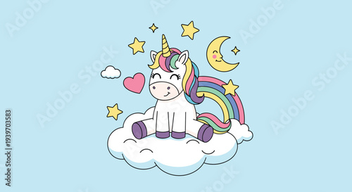 Adorable white unicorn with a rainbow mane and tail sitting on a fluffy cloud surrounded by stars and a crescent moon.