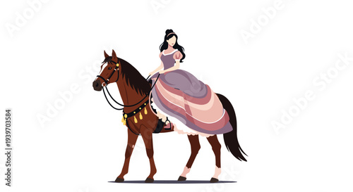 Beautiful princess with long dark hair wearing a lavender gown while riding an elegant brown horse on a white background.
