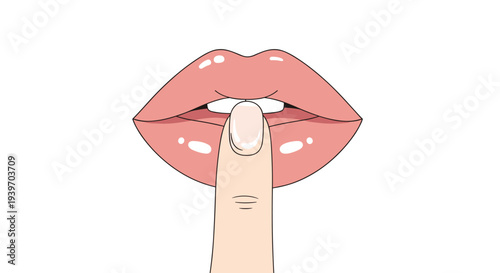 A light-skinned finger is gently pressed against a pair of glossy, closed pink lips, creating a visual representation of silence.
