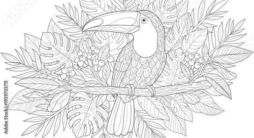 Intricate black and white line art illustration of a toucan perched on a branch surrounded by lush tropical leaves and berries.