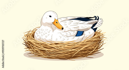 Peaceful white duck with an orange bill resting comfortably in its straw nest against a soft yellow background.