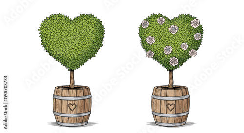 Two elegant topiary trees shaped like hearts growing in rustic wooden barrels, one with pink roses and one plain.