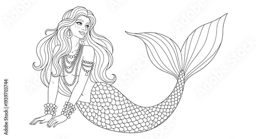 Intricate black and white line art drawing of a beautiful mermaid with long flowing hair and decorative jewelry.
