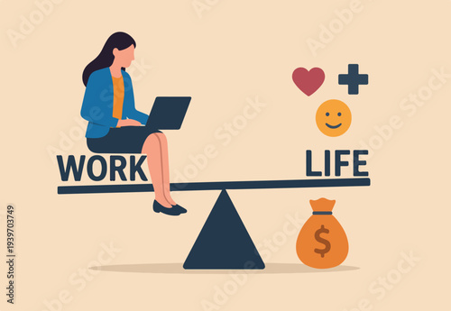 Work life balance, equality or weight between working for money and life happiness, health, success and healthy lifestyle concept, woman working with computer laptop while balance on equilibrium
