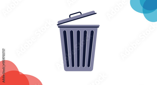 Simple illustration of a grey metal trash can with an open lid against a white background with red and blue circles.