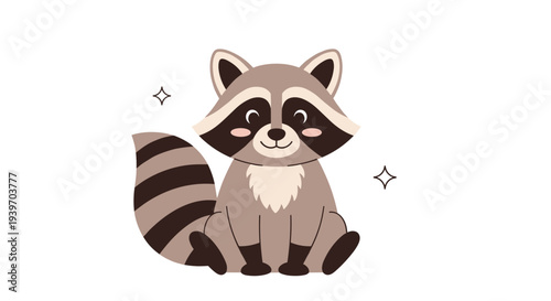 Adorable grey raccoon character sitting happily with its bushy striped tail and sparkling stars on a white background.