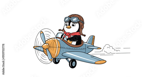 Brave little penguin pilot wearing a leather helmet and scarf while flying a blue vintage propeller airplane.