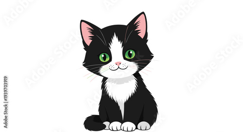 Adorable black and white kitten with bright green eyes sitting calmly and looking forward on white background.