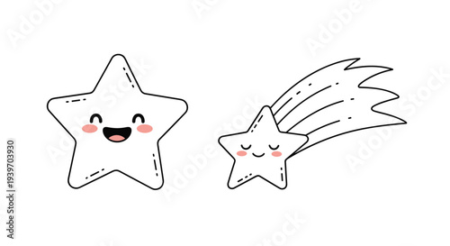 Cute star characters with happy faces featuring one regular star and one shooting star with a trail in kawaii style.