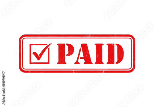 A red paid stamp with a checkmark isolated on transparent background