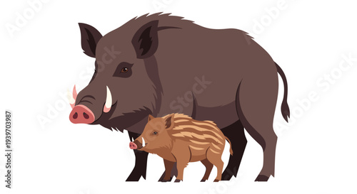 Wild boar and small striped piglet illustration walking together isolated on a plain white background for kids.