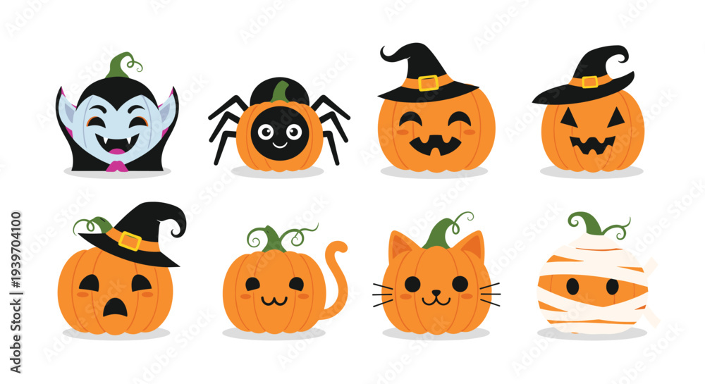 Fototapeta premium Collection of cute Halloween characters featuring carved pumpkins, a vampire, spider, cat, and mummy on white.