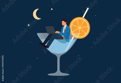 Work anywhere anytime, hybrid work or flexible hour for employee choice to choose where and when to work concept, businessman relax working remotely with computer laptop in cocktail glass at night