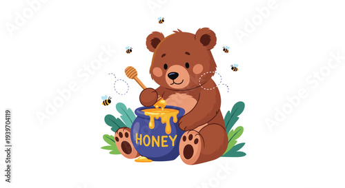 Adorable brown bear character sitting and enjoying a pot of honey while friendly bees fly around on white background.