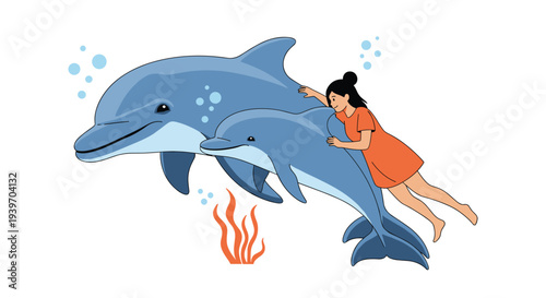 Happy young girl swimming underwater with two friendly dolphins surrounded by bubbles and sea plants on white.