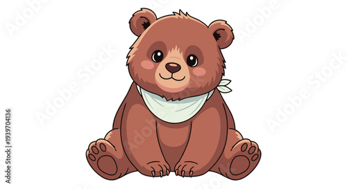 Adorable brown bear cub character sitting and wearing a small light green scarf isolated on plain white background.
