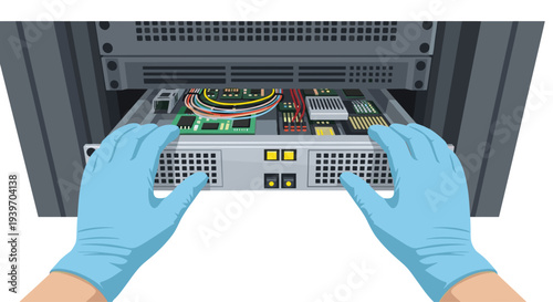 Two gloved hands are carefully inserting a server blade with visible internal circuitry into a dark grey server rack.