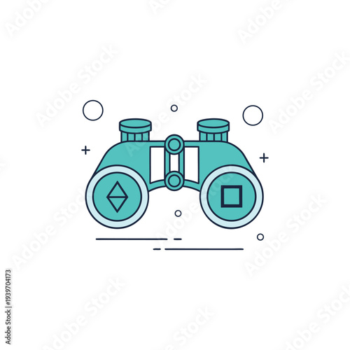 Teal binoculars with cryptocurrency symbols on lenses isolated on white background