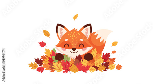 Adorable little red fox playing and hiding in a large pile of colorful autumn fallen leaves on a clean white background.