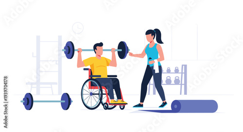 A man in a red wheelchair is lifting a barbell overhead with the assistance of a female trainer in a clean gym setting.