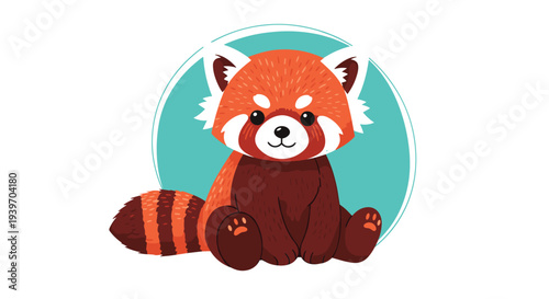 Sweet cartoon red panda character sitting peacefully against a soft blue circle background with a long striped tail.