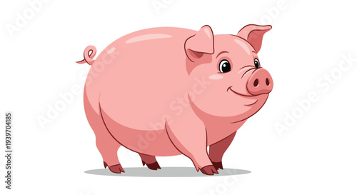 Happy pink farm pig standing sideways and smiling with a curly tail on a clean white background in a simple cartoon style.
