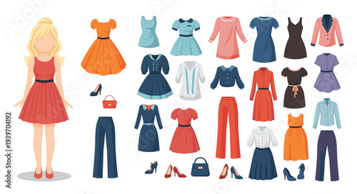 Diverse collection of stylish dresses, skirts, pants, and accessories for a paper doll girl with blonde hair for dress up play.