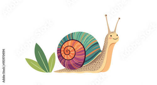 Friendly cartoon snail with a brightly colored striped shell crawling slowly next to green leaves on a white background.