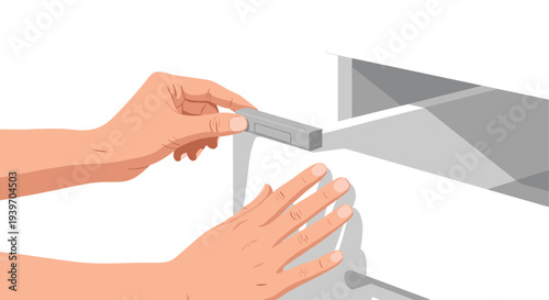 Two hands are carefully installing a silver metal drawer slide onto a white wooden drawer frame in a bright setting.