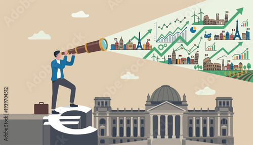 Europe financial visionary, economic forecast for European countries investment stock market concept, businessman investor standing Euro currency sign Big central bank using telescope to see market fu