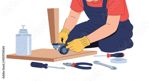 A person in blue overalls and yellow gloves is kneeling to attach a black caster wheel to a wooden table leg on a light brown surface.