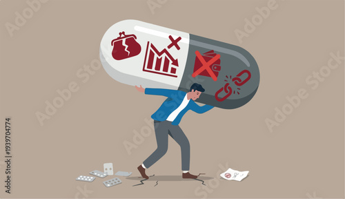 Medical debt, health care and treatment cost from Covid-19 disease, hospital expense drug medicine bills concept, broke too bankrupt man carrying giant medicine debt burden after cure from COVID-19
