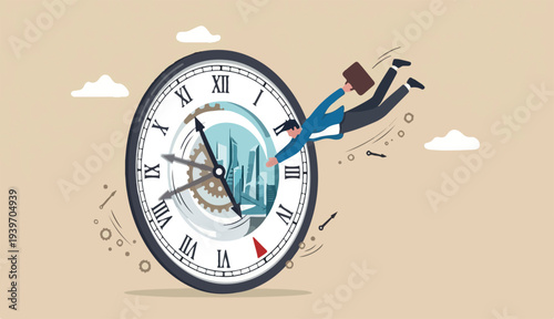 Time management time travel future, time fast to work deadline, productivity efficiency, effort work schedule, evolution concept, businessman jump into clock to the future