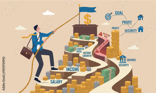 Financial profit or savings to reach financial independence concept, businessman trying hard climbing rope to reach top of money coins stack