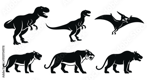 Prehistoric Animals Silhouettes Set: Dinosaurs and Ancient Big Cats Collection