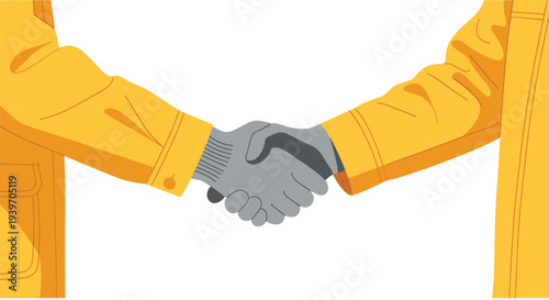 Two individuals wearing bright yellow protective jackets are shaking hands, with one hand covered by a gray glove, against a clean white background.