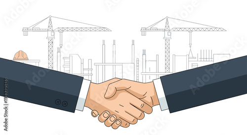 Two business professionals in formal suits are engaged in a firm handshake with a detailed outline illustration of a construction site in the background.
