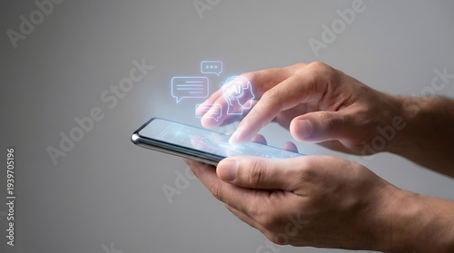 Close-up of hands using a smartphone with artificial intelligence AI chatbot interface and digital communication icons