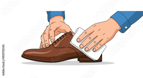 Hands, one with a blue sleeve, meticulously wipe a polished brown leather dress shoe with a white cloth on a clean white surface.
