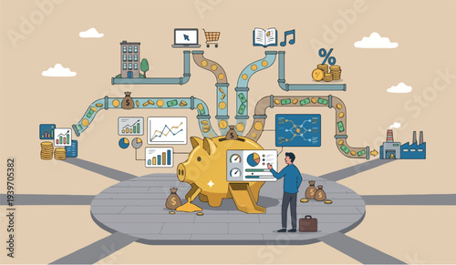 Multiple streams good go we for to in the data analysis ncome, passive income or revenue from invest in multi assets, side hustles to make money concept, rich businessman standing with multi cash flow