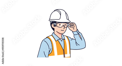 A smiling construction worker adjusts clear safety glasses, wearing a white hard hat and an orange high-visibility vest.