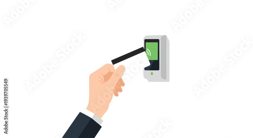A cartoon hand in a suit sleeve is tapping a black rectangular access card against a white and grey wall-mounted reader with a glowing green screen.