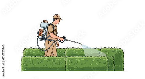 A cartoon gardener in a beige uniform and cap is spraying a neatly trimmed green hedge with a backpack sprayer against a white background.