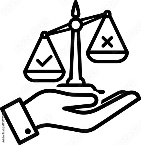 Justice and fairness balance scale icon with hand