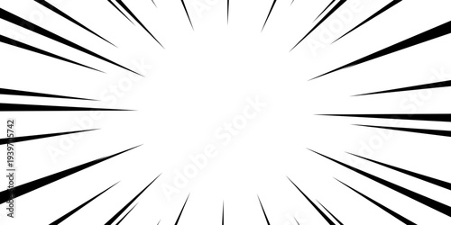 Diagonal speed lines background. Comic book sunburst. Abstract black and white radial line frame design. Manga or anime cartoon explosion wallpaper. Pop art light beams or rays effect. Vector backdrop