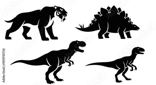 Prehistoric Animals Silhouettes Set: Dinosaurs and Saber-toothed Tiger Icons