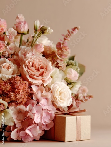 Beautiful Flower Bouquet and Gift Box Set on a Neutral Background With Bright Natural Light for an Online Flower Shop
