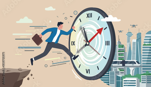 Time management or time travel the future, time fast to work deadline, productivity efficiency, effort work schedule, evolution concept, businessman jump into clock to the future